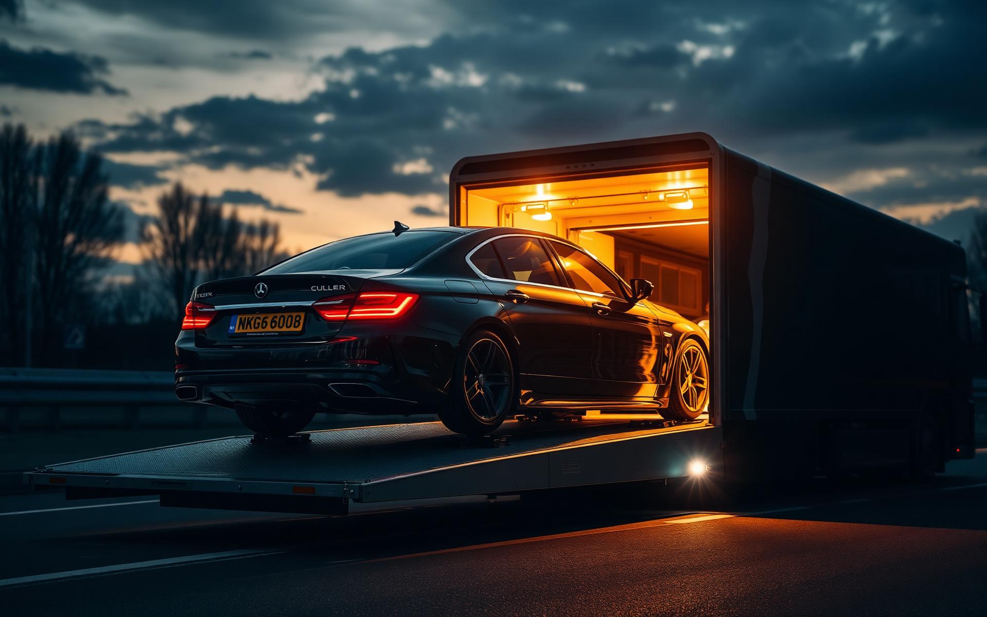 Premium-Limousine wird von MOK Fahrzeugservice auf einen geschlossenen Autotransporter verladen — professionelle Fahrzeugüberführung in Deutschland
